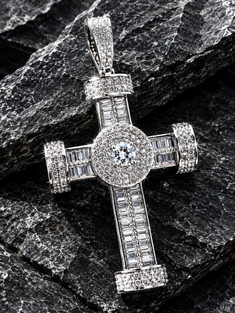 Baguette Cross in White Gold